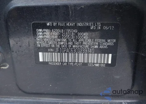 2012 Subaru Impreza 2.0I Premium from USA, damaged, VIN JF1GPAC63CG239740